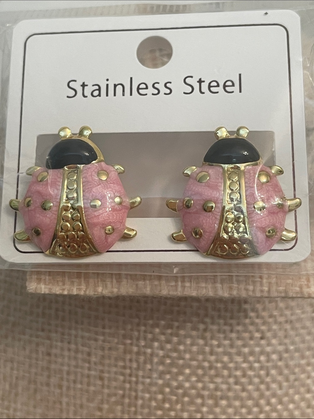 Stainless Steel Gold plated Pink Ladybug Stud Earrings w/ blk & pink enamel .75”